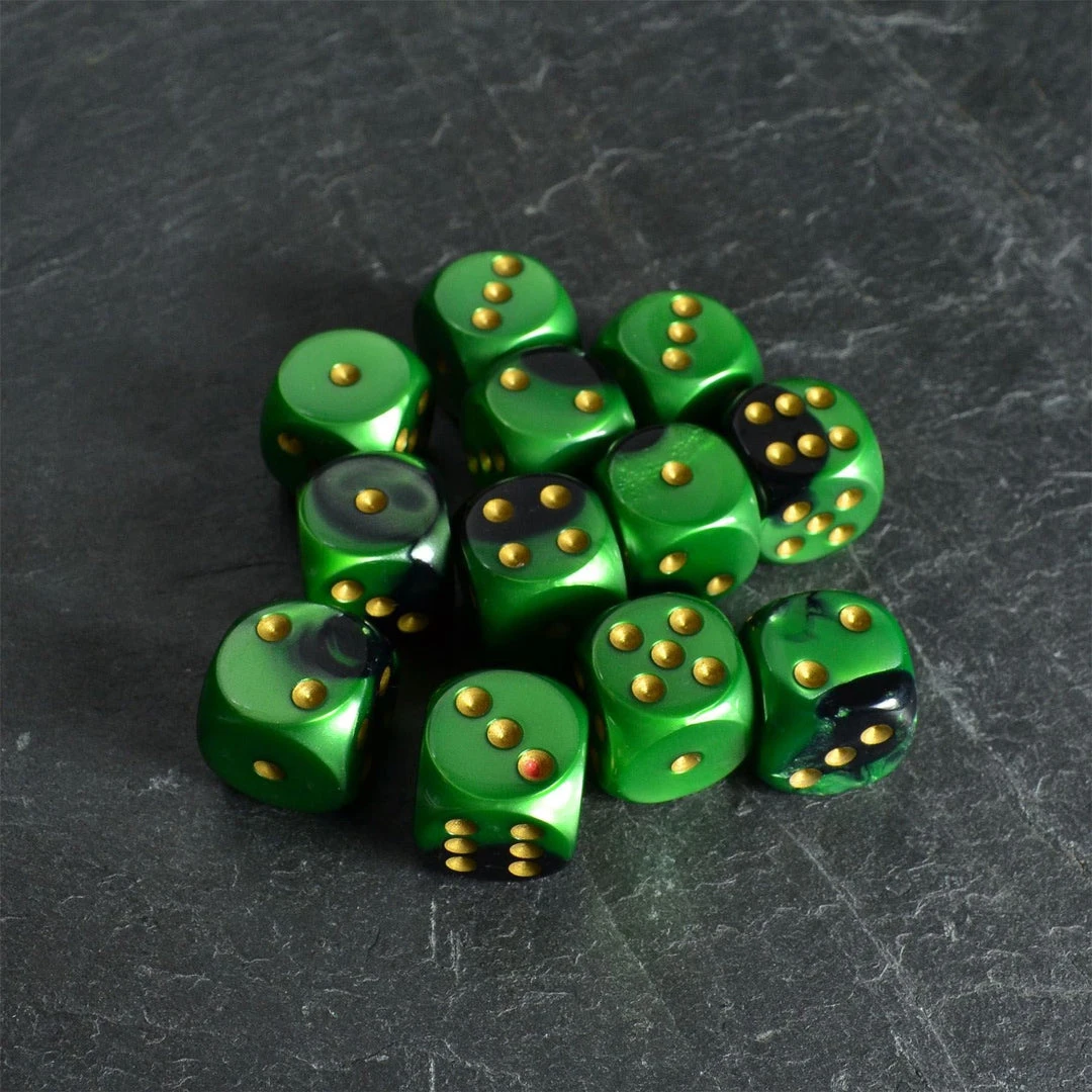 Chessex Gemini Black-Green/Gold D6 Dice Set 4 Chessex Gemini Black-Green/Gold D6 Dice Set