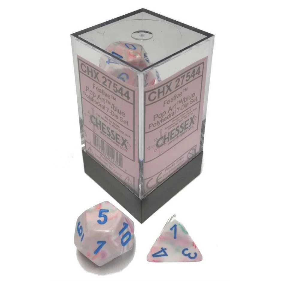 Chessex Tabletop Festive Pop Art W/ Blue Polyhedral 7 Dice Set 4 Chessex Tabletop Festive Pop Art W/ Blue Polyhedral 7 Dice Set